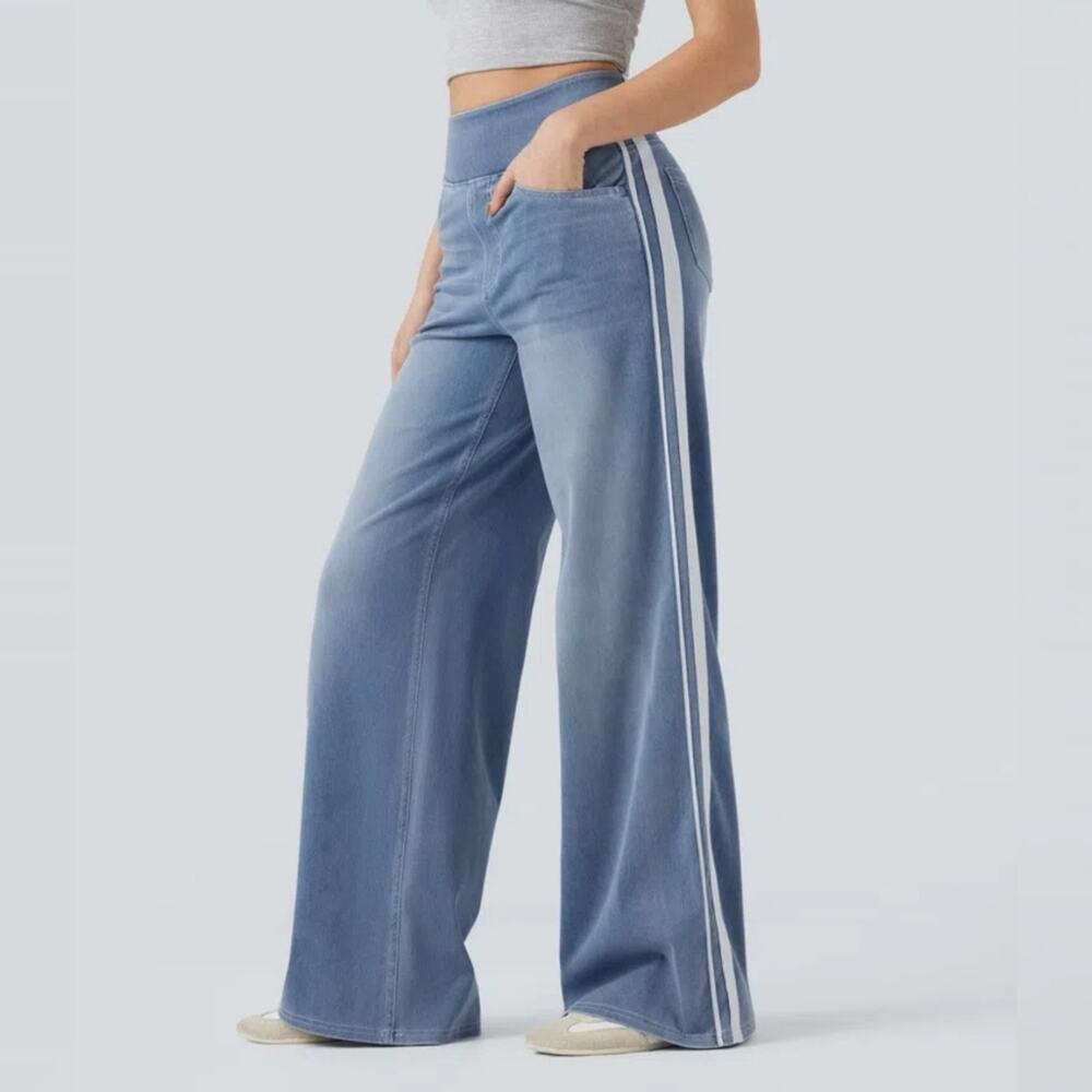 NWT Halara Flex High Waisted Stripe Wide Leg Flowy Washed Casual Jeans Size MT